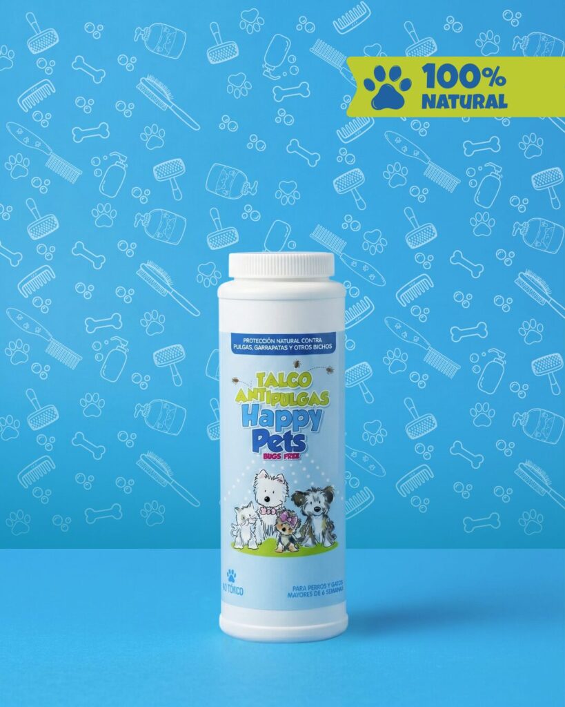 Talco antipulgas para perros y gatos Happy Pets, 100% natural