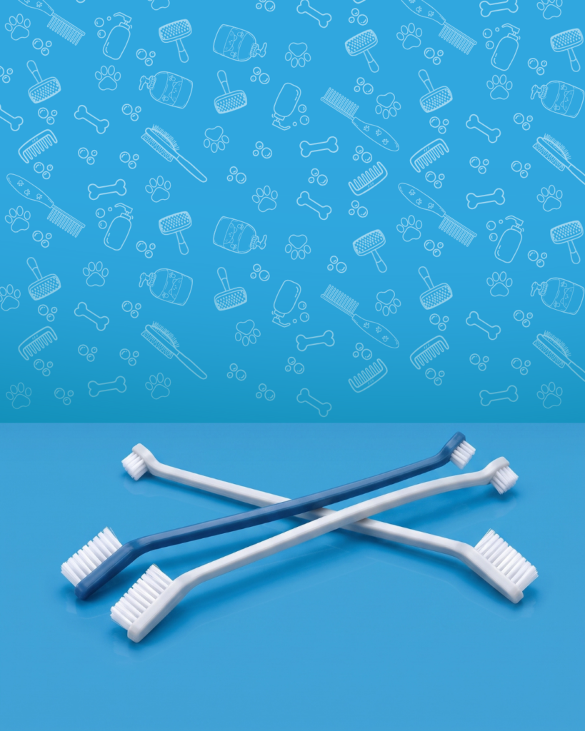 Cepillo dental doble cabezal Happy Pets blanco y azul para perros y gatos